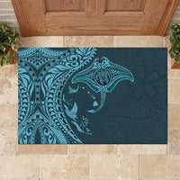 Hawaiian Manta Ray and Polynesian Tribal Tattoo Rubber Doormat Turquoise Color LT03