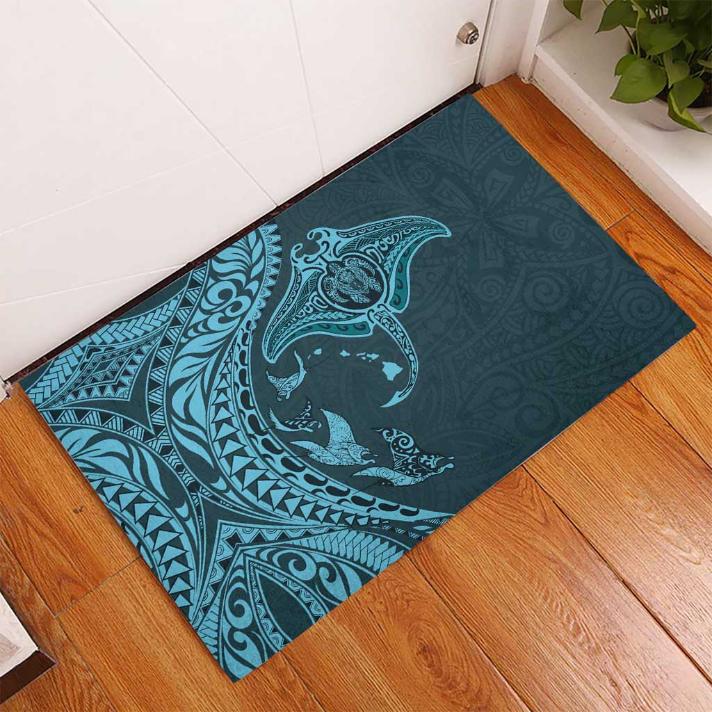 Hawaiian Manta Ray and Polynesian Tribal Tattoo Rubber Doormat Turquoise Color LT03