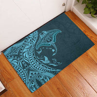 Hawaiian Manta Ray and Polynesian Tribal Tattoo Rubber Doormat Turquoise Color LT03