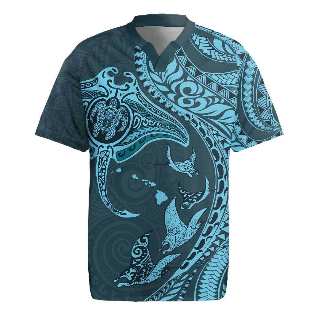 Hawaiian Manta Ray and Polynesian Tribal Tattoo Rugby Jersey Turquoise Color LT03