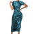 Hawaiian Manta Ray and Polynesian Tribal Tattoo Short Sleeve Bodycon Dress Turquoise Color LT03