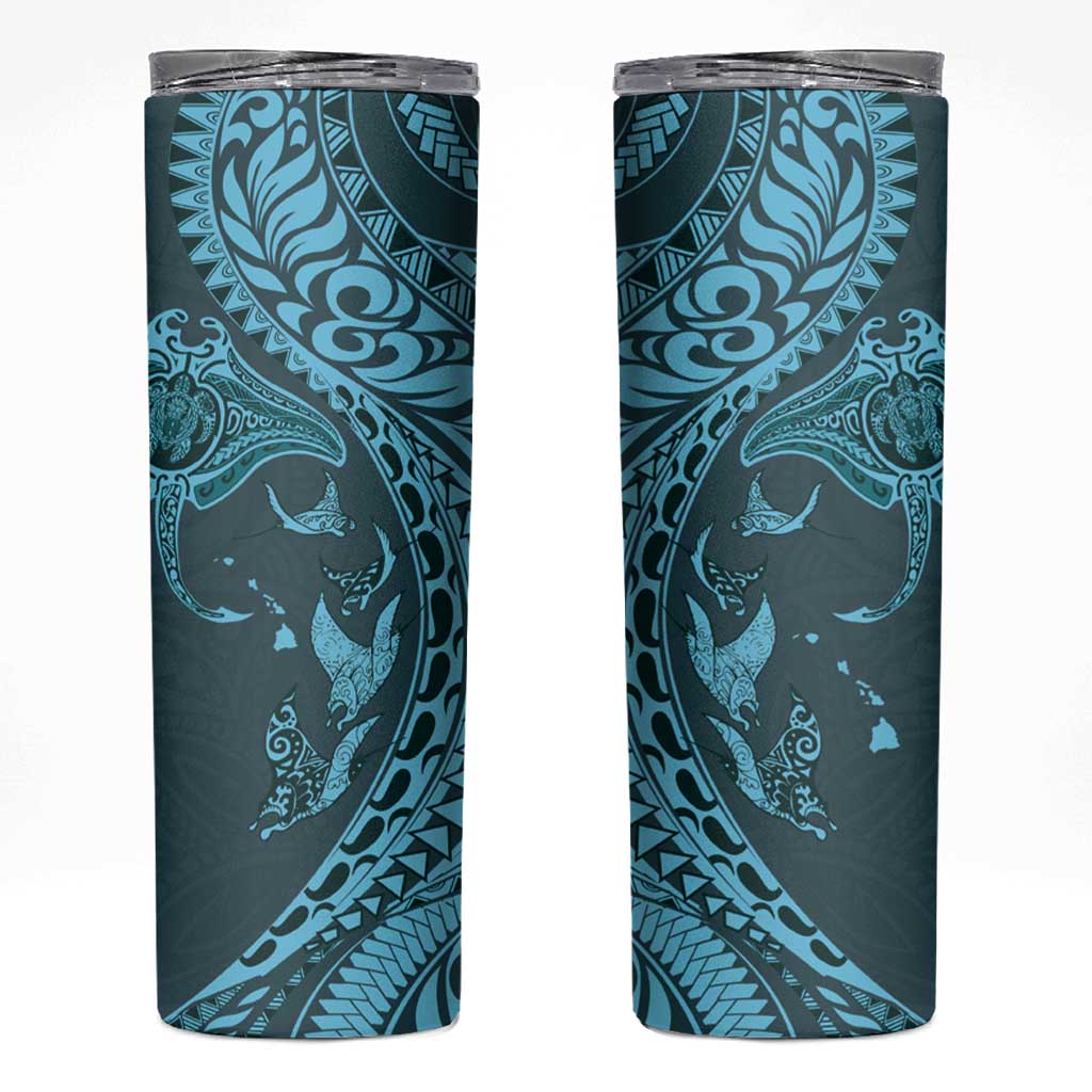 Hawaiian Manta Ray and Polynesian Tribal Tattoo Skinny Tumbler Turquoise Color