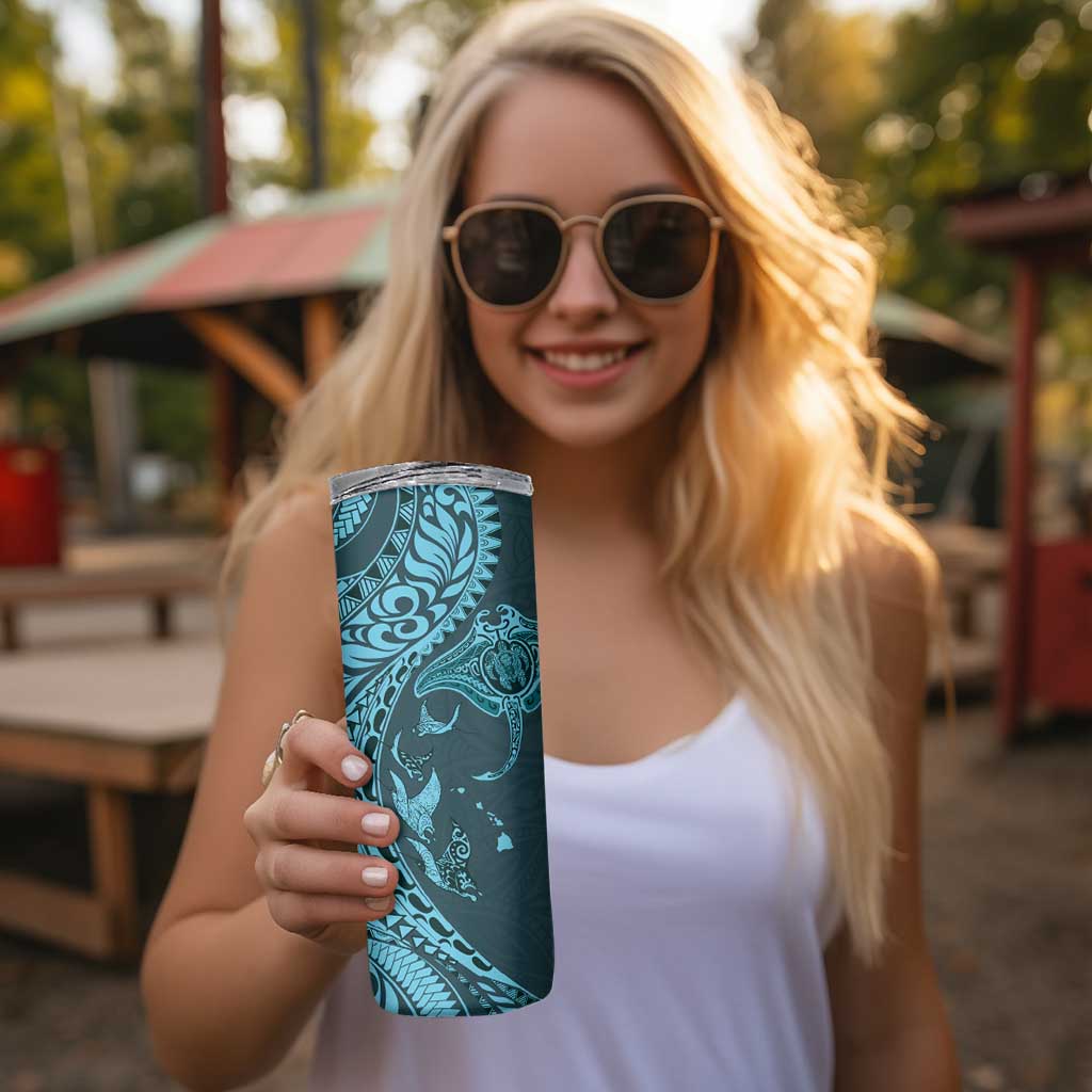 Hawaiian Manta Ray and Polynesian Tribal Tattoo Skinny Tumbler Turquoise Color LT03 - Polynesian Pride