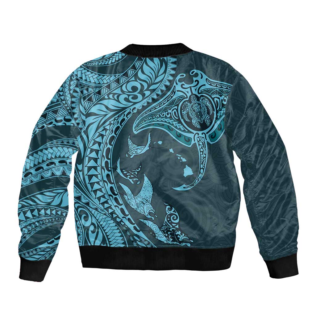 Hawaiian Manta Ray and Polynesian Tribal Tattoo Sleeve Zip Bomber Jacket Turquoise Color LT03