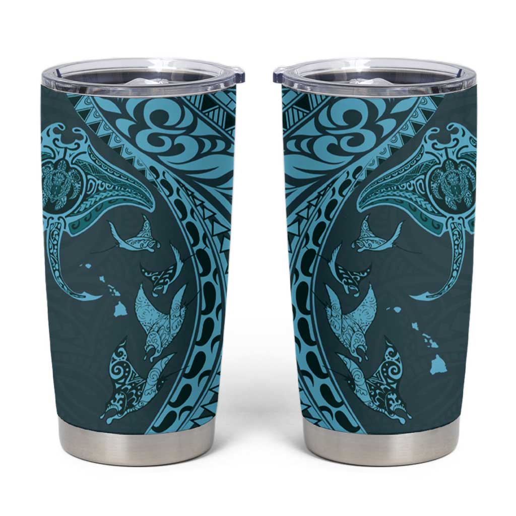 Hawaiian Manta Ray and Polynesian Tribal Tattoo Tumbler Cup Turquoise Color