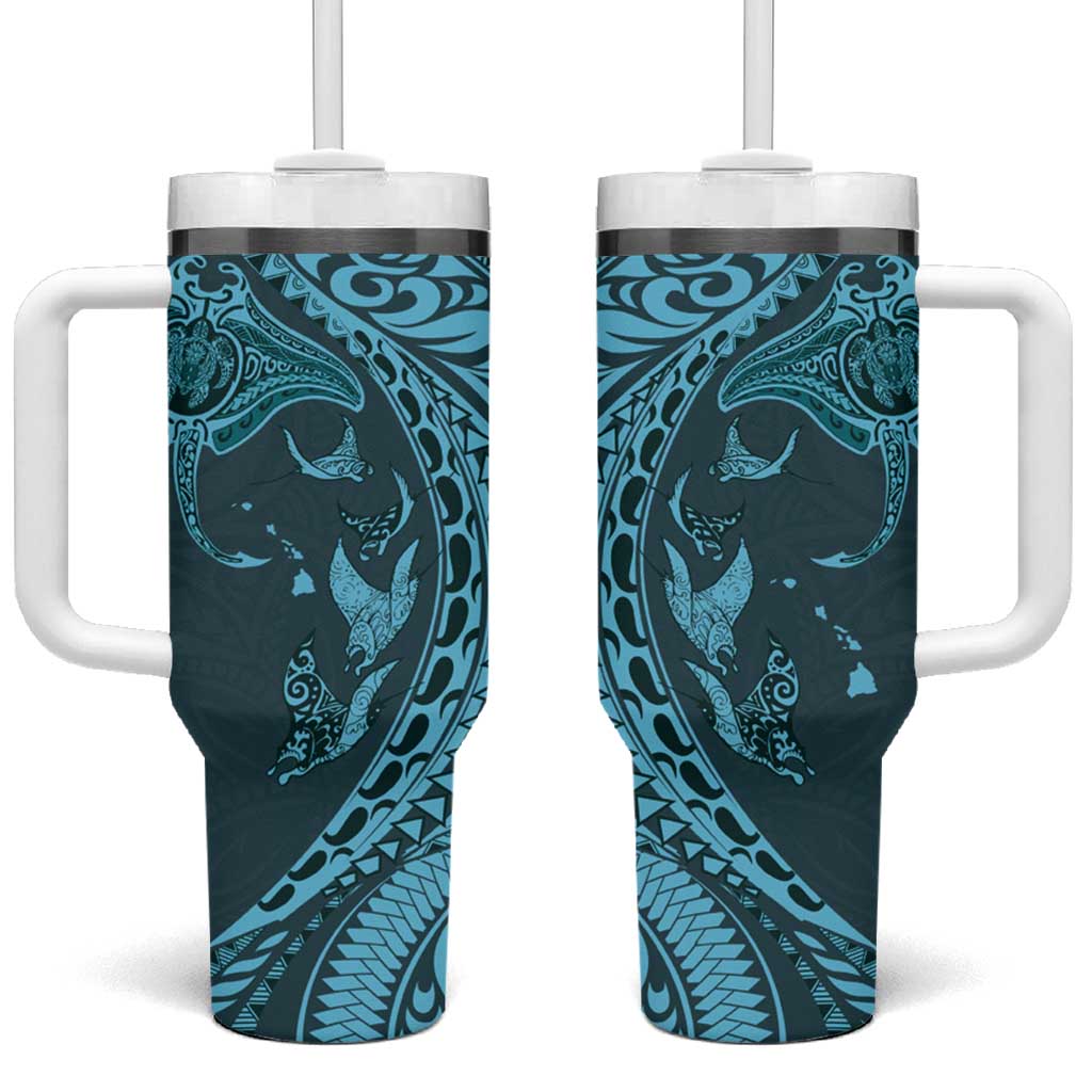 Hawaiian Manta Ray and Polynesian Tribal Tattoo Tumbler With Handle Turquoise Color