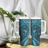 Hawaiian Manta Ray and Polynesian Tribal Tattoo Tumbler With Handle Turquoise Color