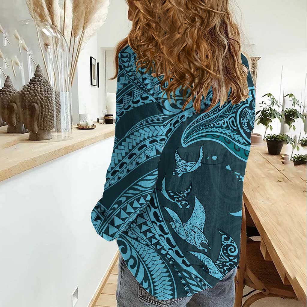 Hawaiian Manta Ray and Polynesian Tribal Tattoo Women Casual Shirt Turquoise Color LT03