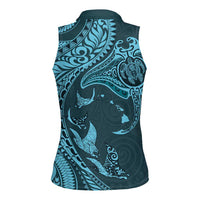 Hawaiian Manta Ray and Polynesian Tribal Tattoo Women Sleeveless Polo Shirt Turquoise Color LT03 - Polynesian Pride