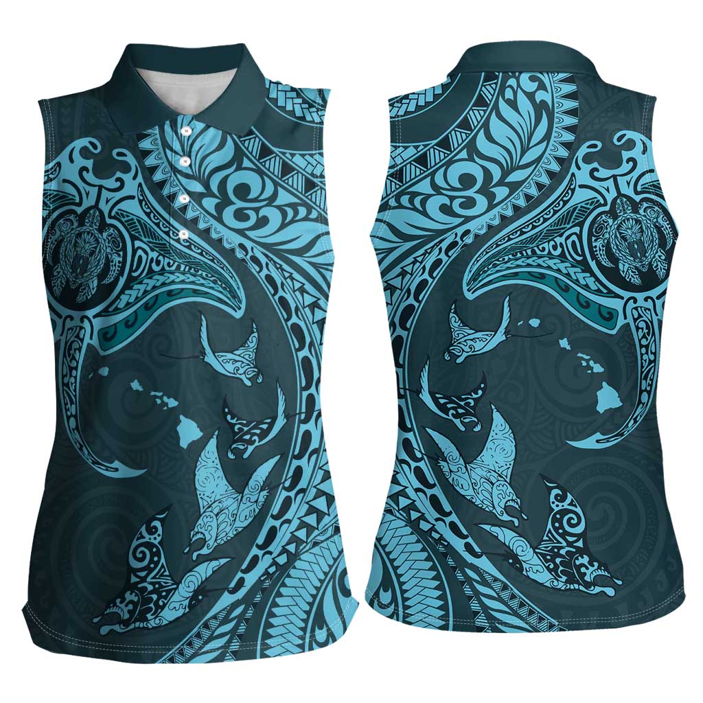 Hawaiian Manta Ray and Polynesian Tribal Tattoo Women Sleeveless Polo Shirt Turquoise Color LT03 - Polynesian Pride