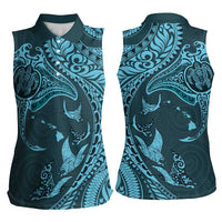 Hawaiian Manta Ray and Polynesian Tribal Tattoo Women Sleeveless Polo Shirt Turquoise Color LT03 - Polynesian Pride