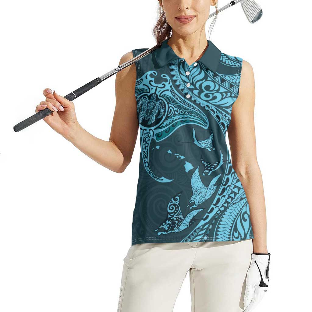 Hawaiian Manta Ray and Polynesian Tribal Tattoo Women Sleeveless Polo Shirt Turquoise Color LT03 - Polynesian Pride
