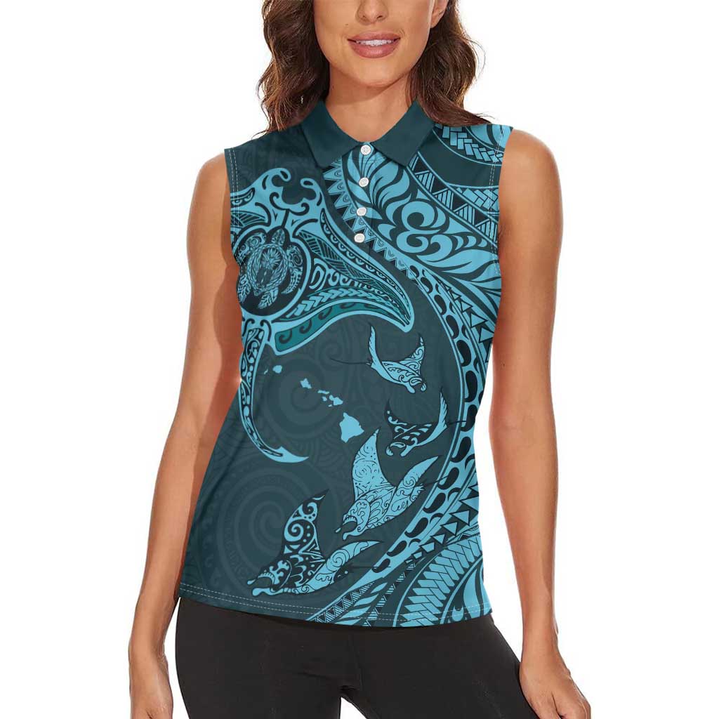Hawaiian Manta Ray and Polynesian Tribal Tattoo Women Sleeveless Polo Shirt Turquoise Color LT03 - Polynesian Pride