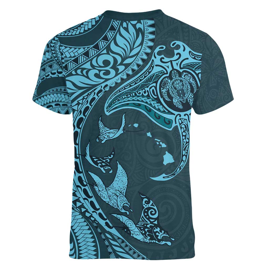 Hawaiian Manta Ray and Polynesian Tribal Tattoo Women V-Neck T-Shirt Turquoise Color LT03 - Polynesian Pride