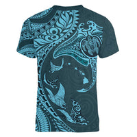 Hawaiian Manta Ray and Polynesian Tribal Tattoo Women V-Neck T-Shirt Turquoise Color LT03 - Polynesian Pride