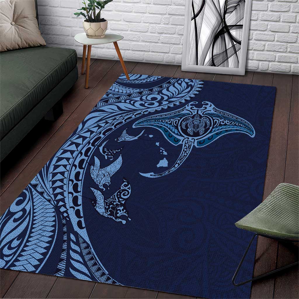 Hawaiian Manta Ray and Polynesian Tribal Tattoo Area Rug Dark Navy Color LT03