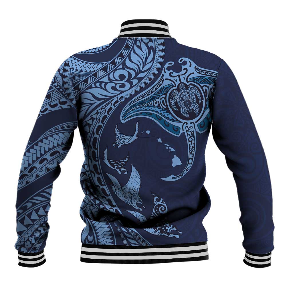 Hawaiian Manta Ray and Polynesian Tribal Tattoo Baseball Jacket Dark Navy Color LT03
