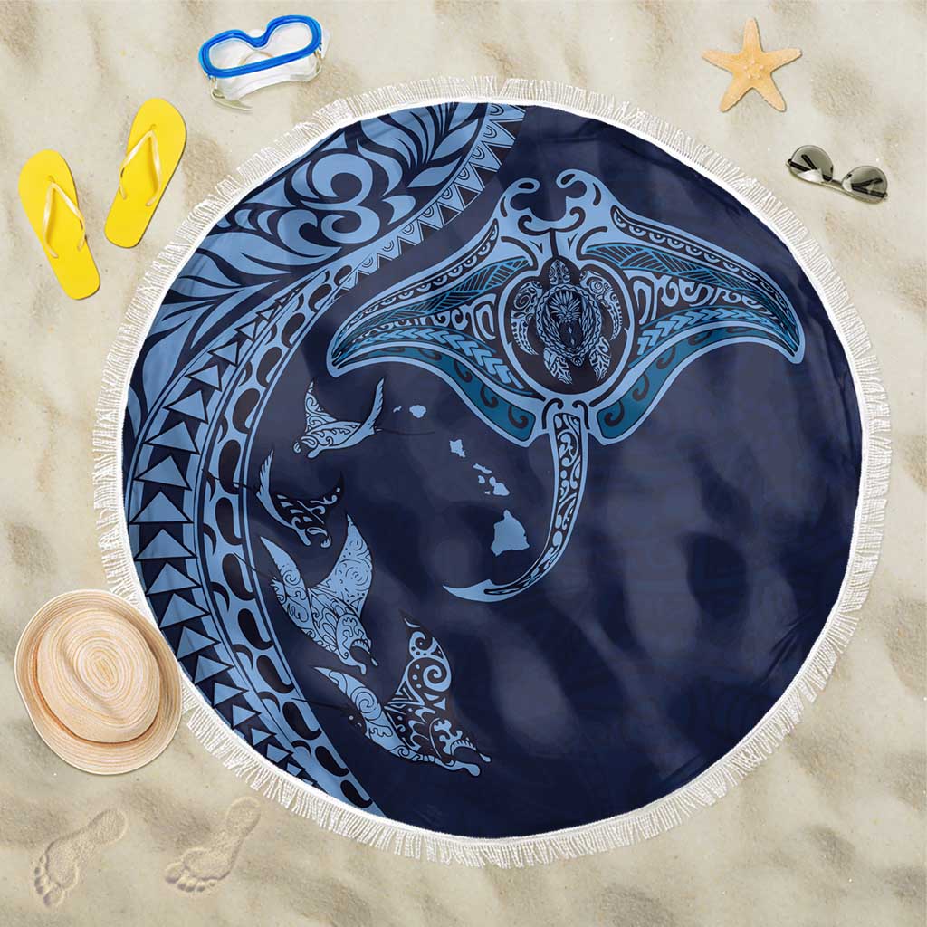 Hawaiian Manta Ray and Polynesian Tribal Tattoo Beach Blanket Dark Navy Color LT03