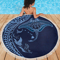 Hawaiian Manta Ray and Polynesian Tribal Tattoo Beach Blanket Dark Navy Color LT03