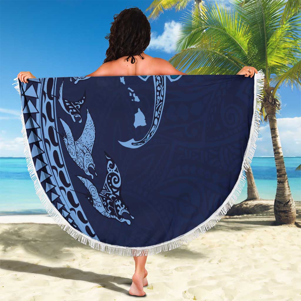 Hawaiian Manta Ray and Polynesian Tribal Tattoo Beach Blanket Dark Navy Color LT03