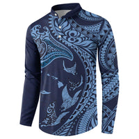 Hawaiian Manta Ray and Polynesian Tribal Tattoo Button Sweatshirt Dark Navy Color LT03
