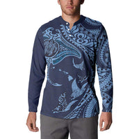 Hawaiian Manta Ray and Polynesian Tribal Tattoo Button Sweatshirt Dark Navy Color LT03