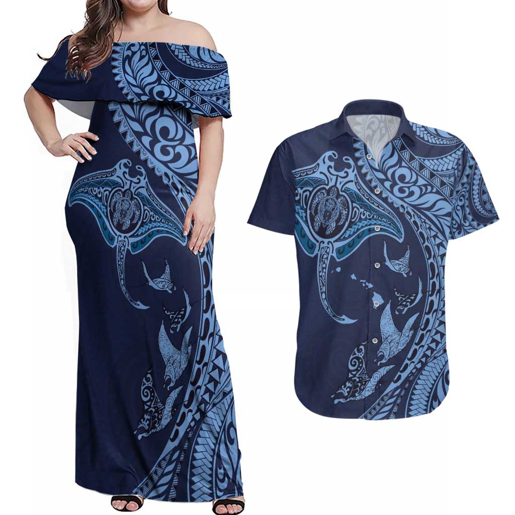 Hawaiian Manta Ray and Polynesian Tribal Tattoo Couples Matching Off Shoulder Maxi Dress and Hawaiian Shirt Dark Navy Color LT03