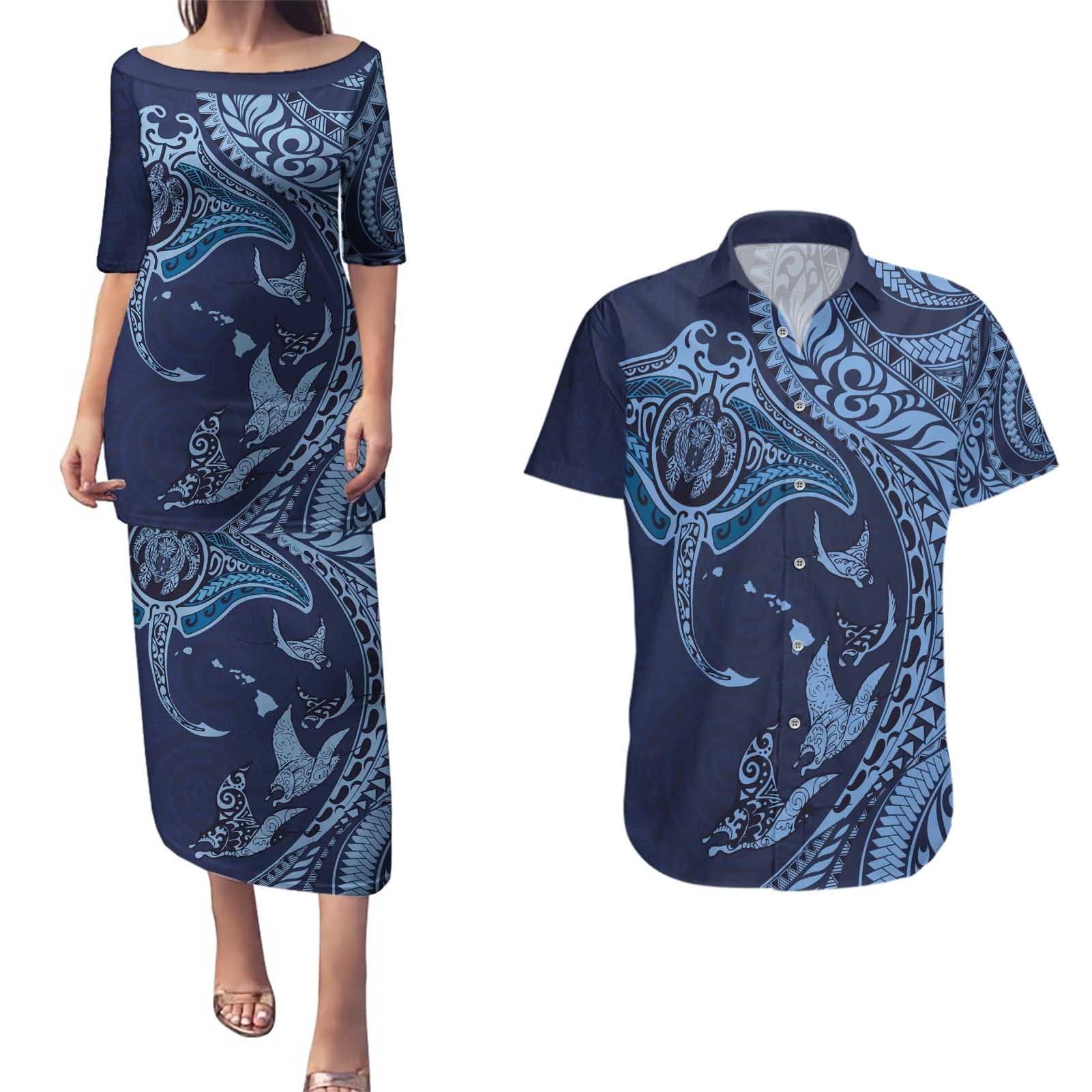 Hawaiian Manta Ray and Polynesian Tribal Tattoo Couples Matching Puletasi and Hawaiian Shirt Dark Navy Color LT03