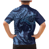 Hawaiian Manta Ray and Polynesian Tribal Tattoo Family Matching Mermaid Dress and Hawaiian Shirt Dark Navy Color LT03