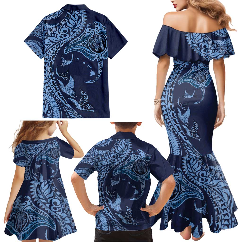 Hawaiian Manta Ray and Polynesian Tribal Tattoo Family Matching Mermaid Dress and Hawaiian Shirt Dark Navy Color LT03