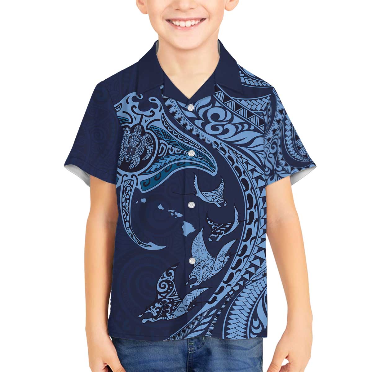 Hawaiian Manta Ray and Polynesian Tribal Tattoo Family Matching Off The Shoulder Long Sleeve Dress and Hawaiian Shirt Dark Navy Color LT03
