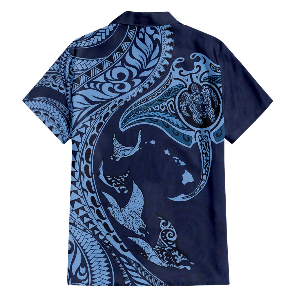 Hawaiian Manta Ray and Polynesian Tribal Tattoo Family Matching Off Shoulder Maxi Dress and Hawaiian Shirt Dark Navy Color LT03