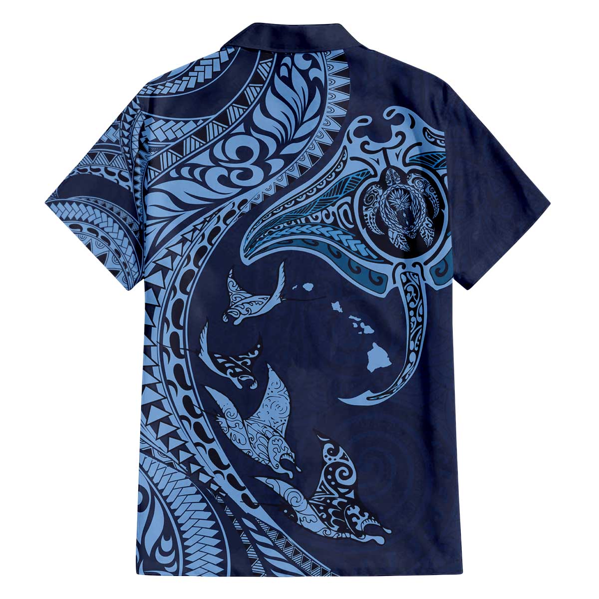 Hawaiian Manta Ray and Polynesian Tribal Tattoo Family Matching Off Shoulder Short Dress and Hawaiian Shirt Dark Navy Color LT03