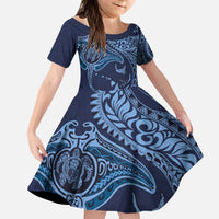 Hawaiian Manta Ray and Polynesian Tribal Tattoo Family Matching Puletasi and Hawaiian Shirt Dark Navy Color LT03 Daughter's Dress Dark Navy - Polynesian Pride