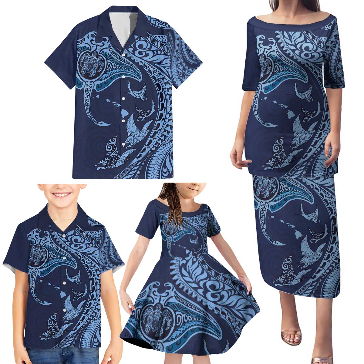 Hawaiian Manta Ray and Polynesian Tribal Tattoo Family Matching Puletasi and Hawaiian Shirt Dark Navy Color LT03 - Polynesian Pride