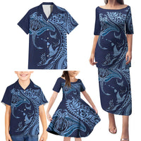 Hawaiian Manta Ray and Polynesian Tribal Tattoo Family Matching Puletasi and Hawaiian Shirt Dark Navy Color LT03 - Polynesian Pride
