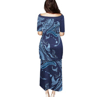 Hawaiian Manta Ray and Polynesian Tribal Tattoo Family Matching Puletasi and Hawaiian Shirt Dark Navy Color LT03 - Polynesian Pride