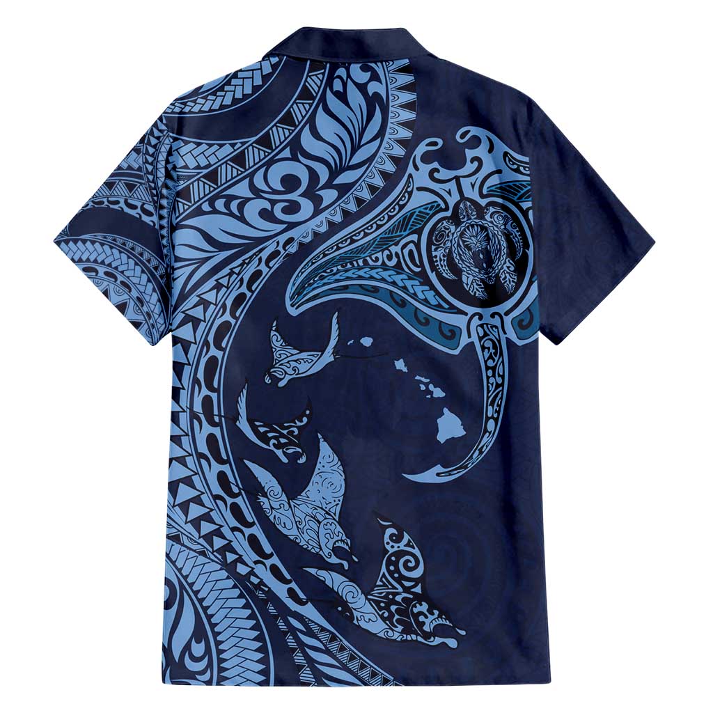 Hawaiian Manta Ray and Polynesian Tribal Tattoo Family Matching Short Sleeve Bodycon Dress and Hawaiian Shirt Dark Navy Color LT03