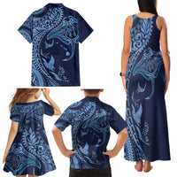 Hawaiian Manta Ray and Polynesian Tribal Tattoo Family Matching Tank Maxi Dress and Hawaiian Shirt Dark Navy Color LT03