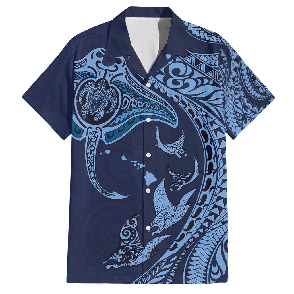 Hawaiian Manta Ray and Polynesian Tribal Tattoo Family Matching Tank Maxi Dress and Hawaiian Shirt Dark Navy Color LT03