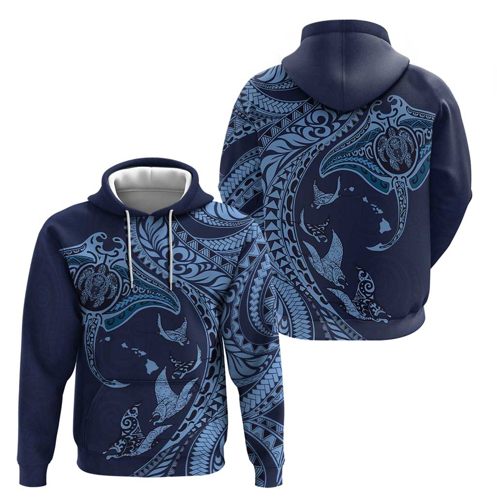Hawaiian Manta Ray and Polynesian Tribal Tattoo Hoodie Dark Navy Color LT03