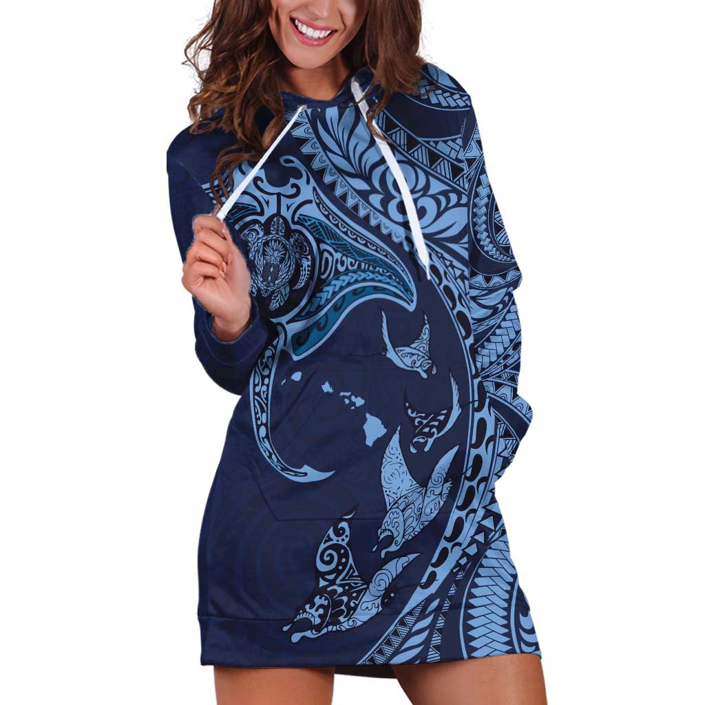 Hawaiian Manta Ray and Polynesian Tribal Tattoo Hoodie Dress Dark Navy Color LT03