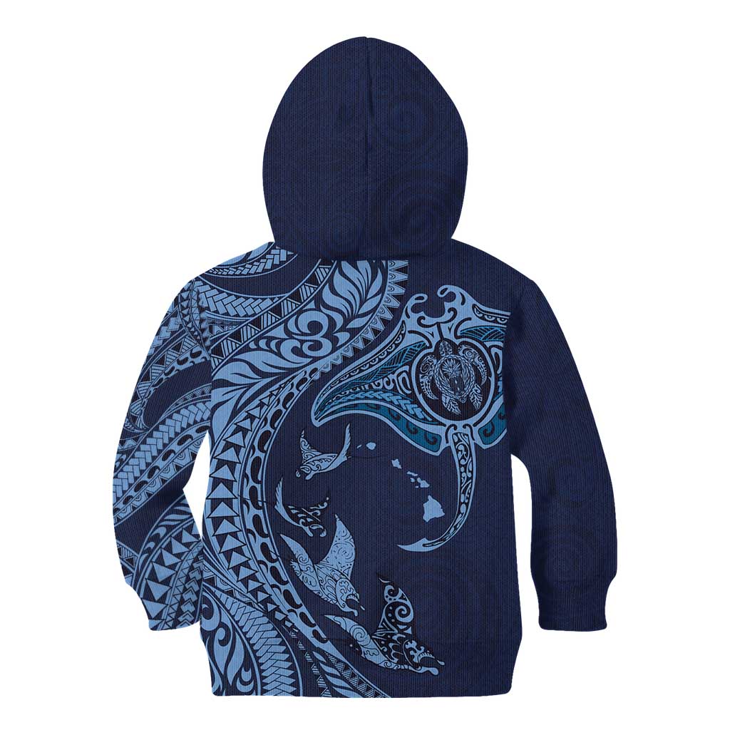 Hawaiian Manta Ray and Polynesian Tribal Tattoo Kid Hoodie Dark Navy Color LT03