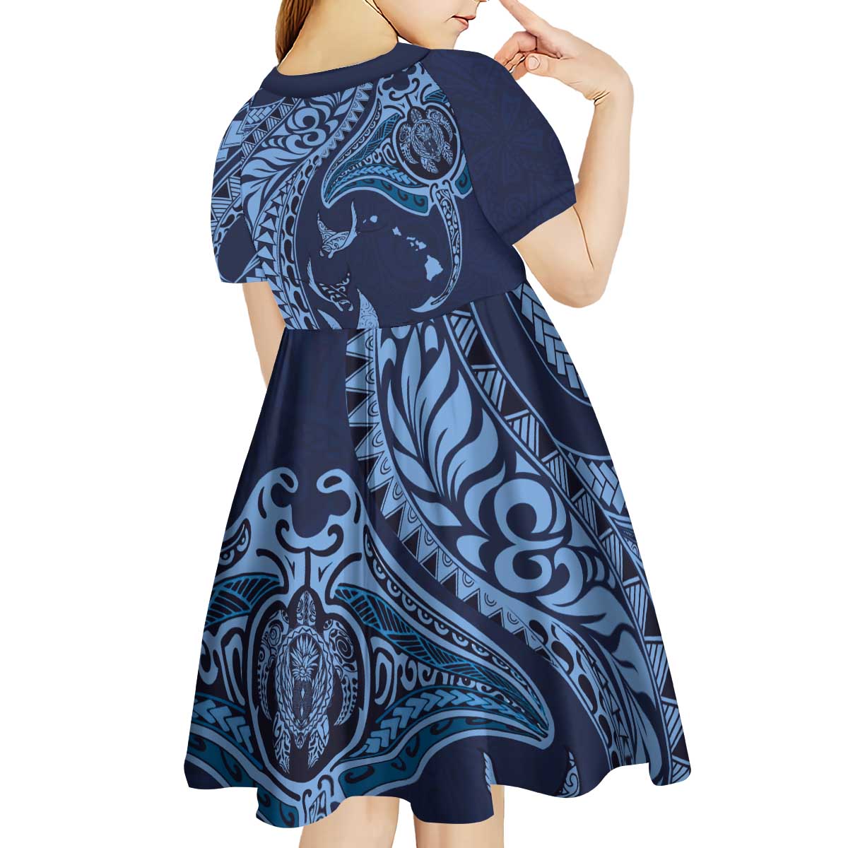 Hawaiian Manta Ray and Polynesian Tribal Tattoo Kid Short Sleeve Dress Dark Navy Color LT03