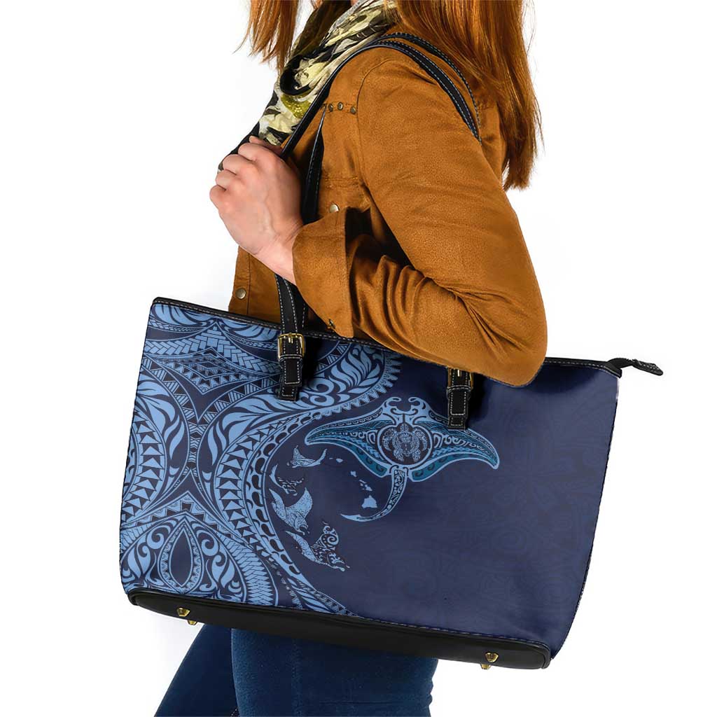 Hawaiian Manta Ray and Polynesian Tribal Tattoo Leather Tote Bag Dark Navy Color LT03