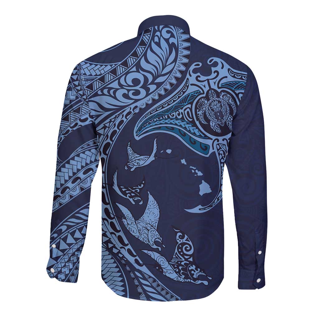 Hawaiian Manta Ray and Polynesian Tribal Tattoo Long Sleeve Button Shirt Dark Navy Color LT03