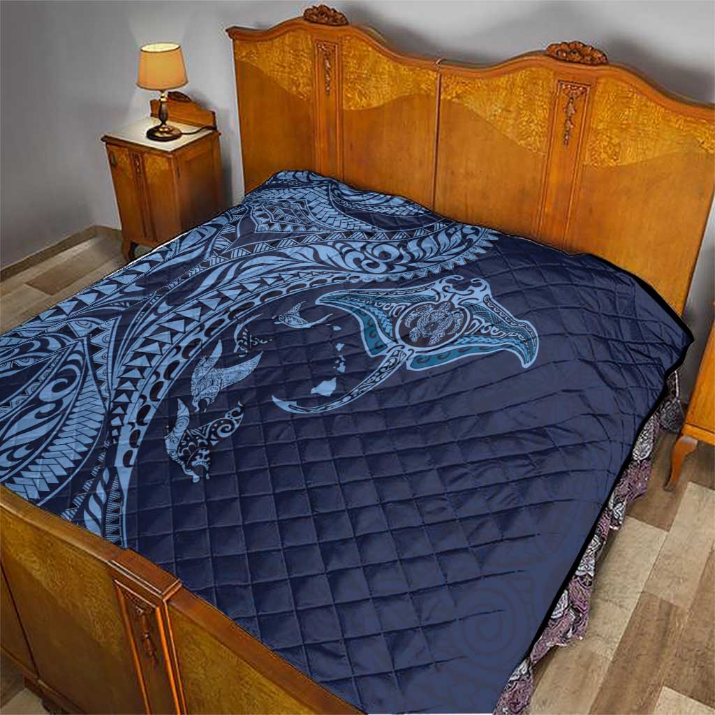 Hawaiian Manta Ray and Polynesian Tribal Tattoo Quilt Dark Navy Color LT03