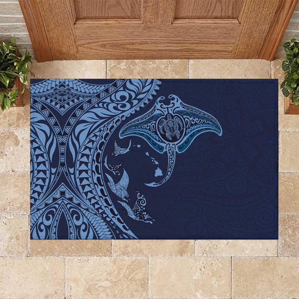 Hawaiian Manta Ray and Polynesian Tribal Tattoo Rubber Doormat Dark Navy Color LT03