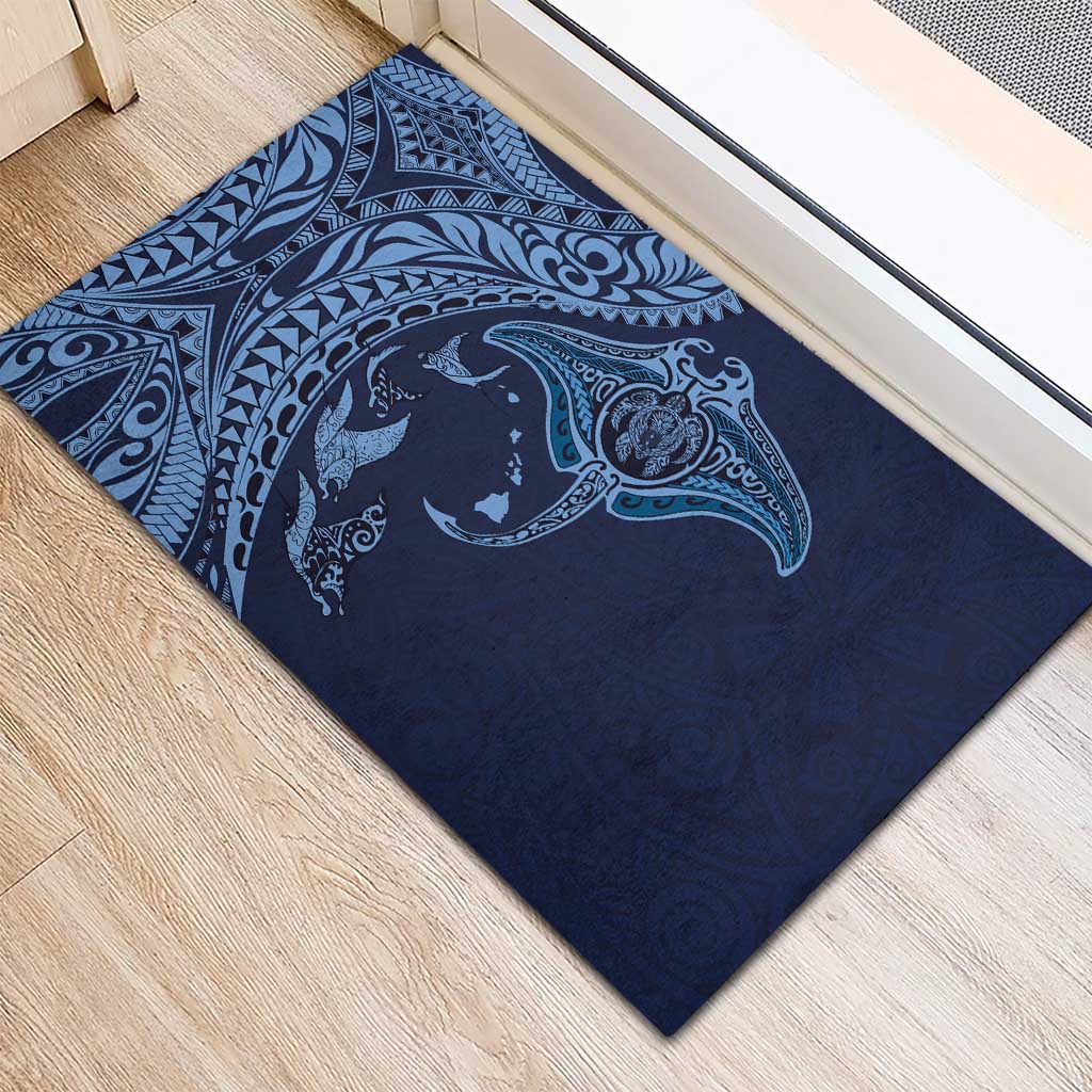 Hawaiian Manta Ray and Polynesian Tribal Tattoo Rubber Doormat Dark Navy Color LT03