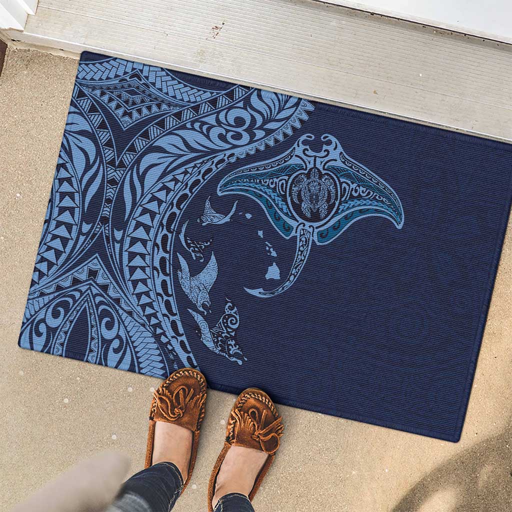 Hawaiian Manta Ray and Polynesian Tribal Tattoo Rubber Doormat Dark Navy Color LT03